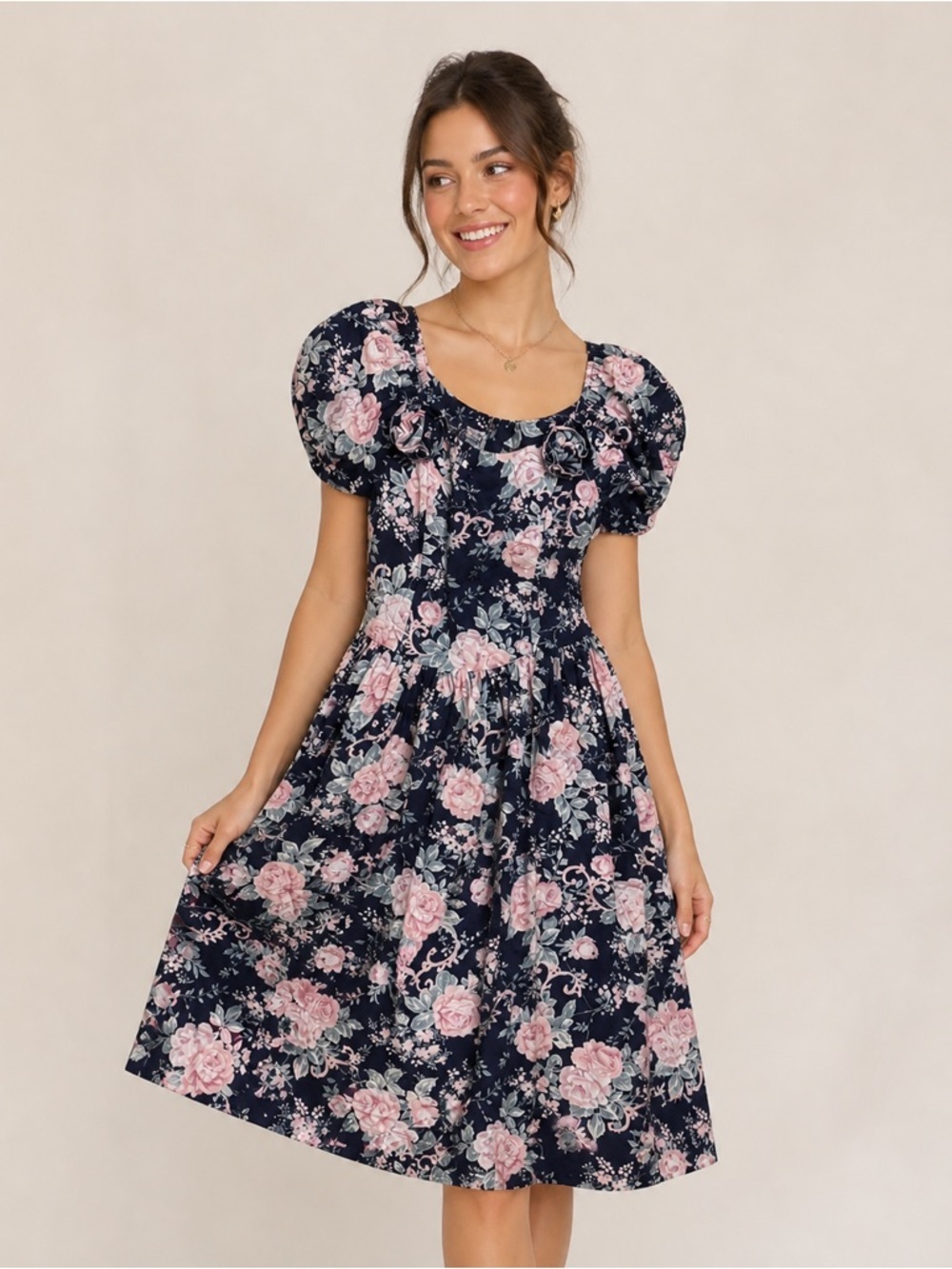 Vintage 1980's Jessica McClintock Floral Cotton Tea Dress Sz 14
